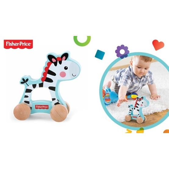 Zebra din lemn pe roti de la Fisher Price